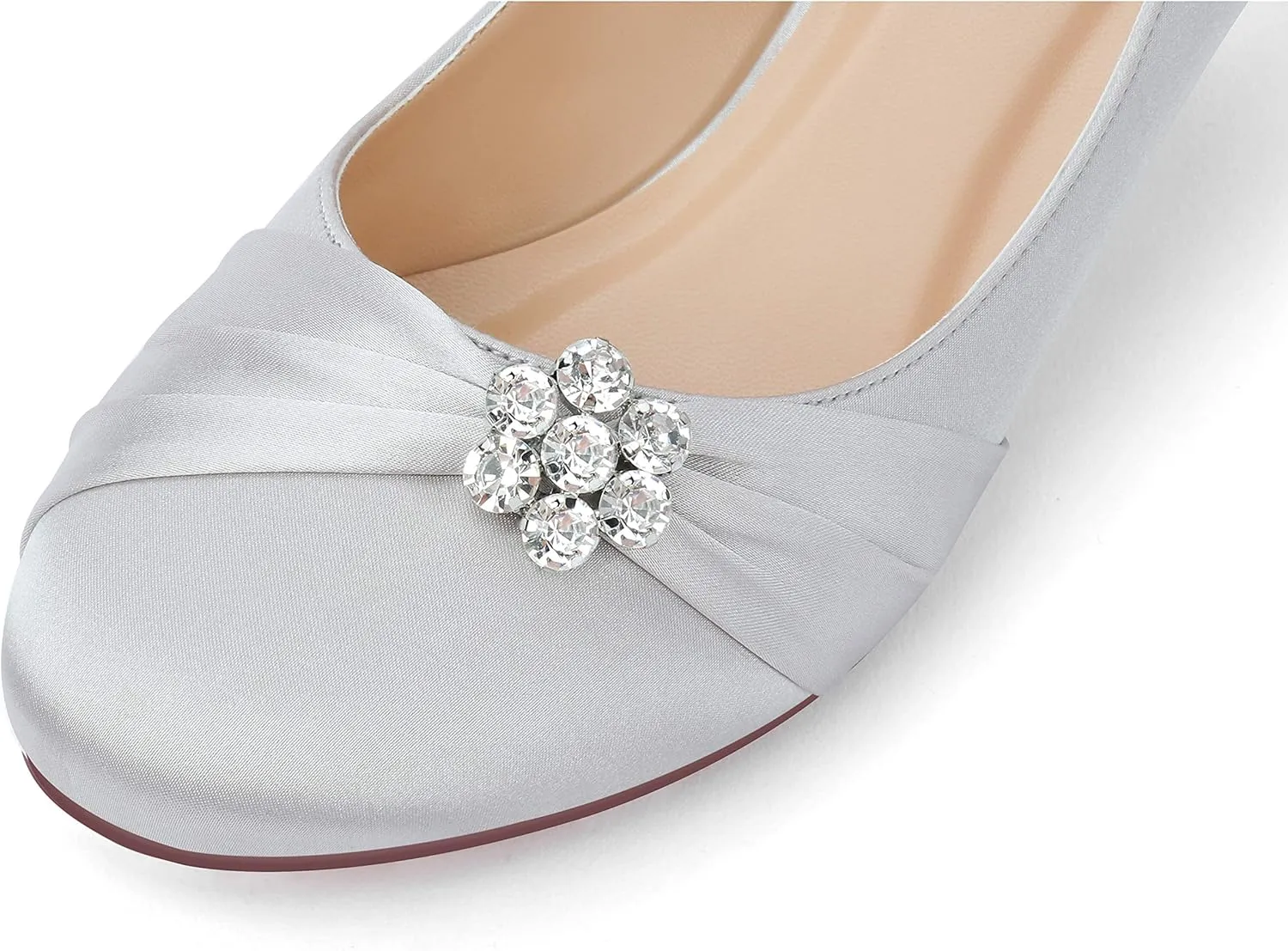 ERIJUNOR Women Closed Toe Comfort Kitten Heels Rhinestones Satin Wedding Evening Dress Shoes