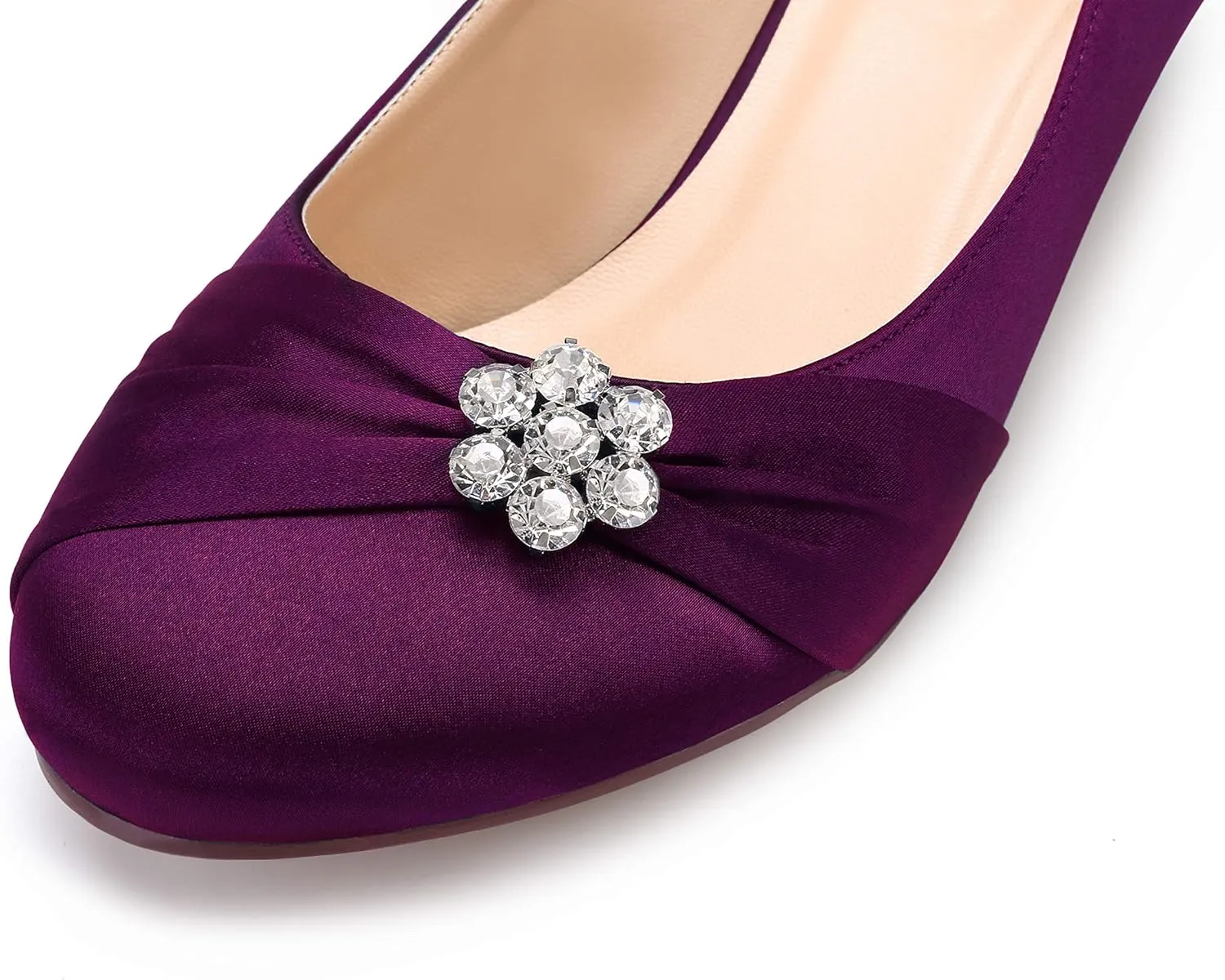 ERIJUNOR Women Closed Toe Comfort Kitten Heels Rhinestones Satin Wedding Evening Dress Shoes