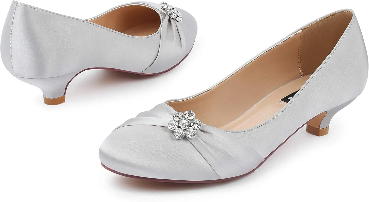ERIJUNOR Women Closed Toe Comfort Kitten Heels Rhinestones Satin Wedding Evening Dress Shoes