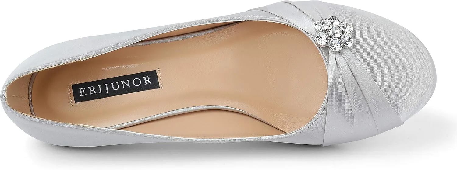ERIJUNOR Women Closed Toe Comfort Kitten Heels Rhinestones Satin Wedding Evening Dress Shoes