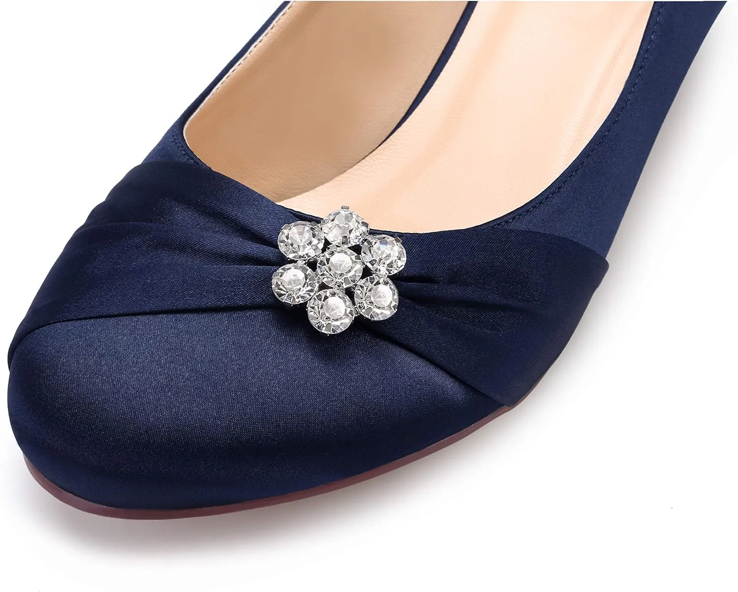 ERIJUNOR Women Closed Toe Comfort Kitten Heels Rhinestones Satin Wedding Evening Dress Shoes