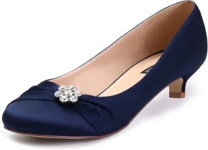ERIJUNOR Women Closed Toe Comfort Kitten Heels Rhinestones Satin Wedding Evening Dress Shoes