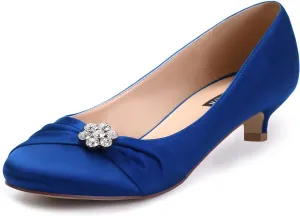 ERIJUNOR Women Closed Toe Comfort Kitten Heels Rhinestones Satin Wedding Evening Dress Shoes