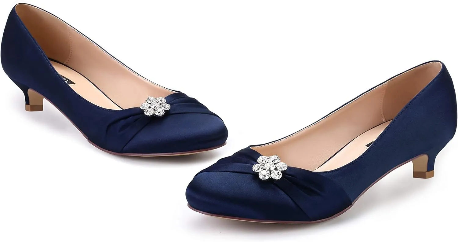 ERIJUNOR Women Closed Toe Comfort Kitten Heels Rhinestones Satin Wedding Evening Dress Shoes