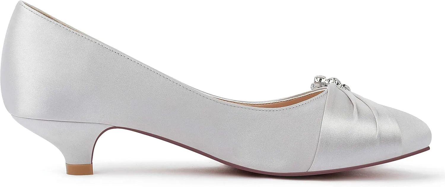 ERIJUNOR Women Closed Toe Comfort Kitten Heels Rhinestones Satin Wedding Evening Dress Shoes