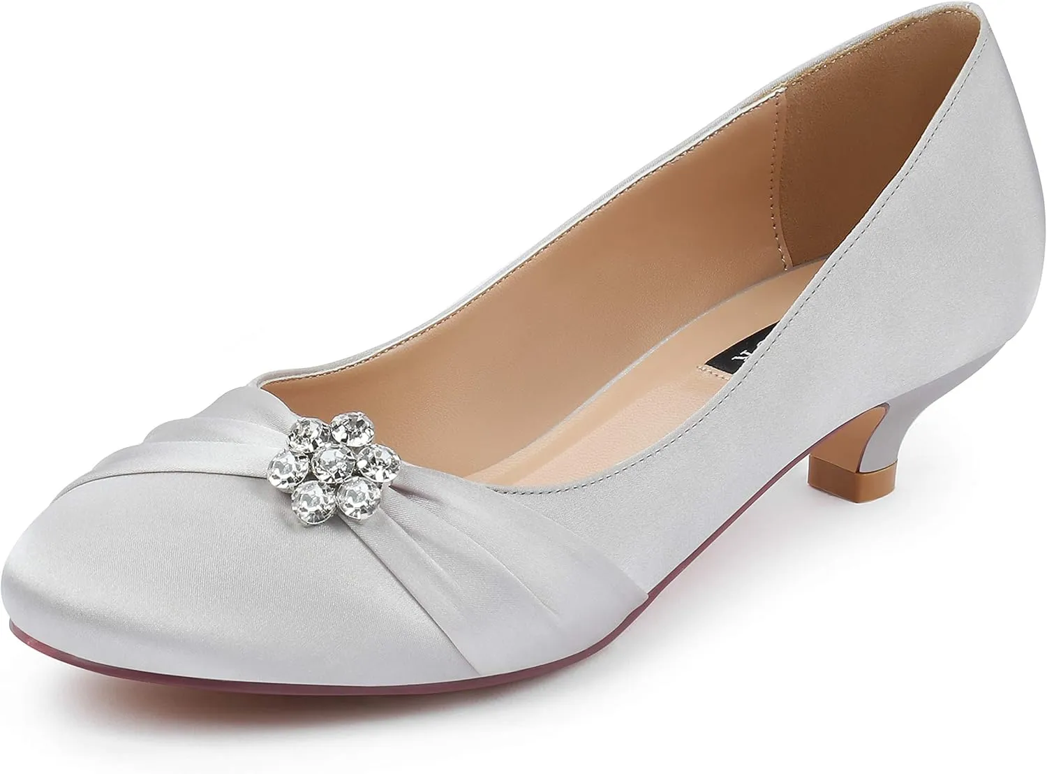 ERIJUNOR Women Closed Toe Comfort Kitten Heels Rhinestones Satin Wedding Evening Dress Shoes