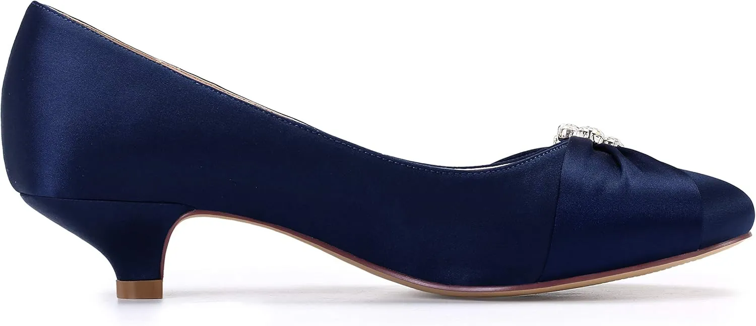ERIJUNOR Women Closed Toe Comfort Kitten Heels Rhinestones Satin Wedding Evening Dress Shoes