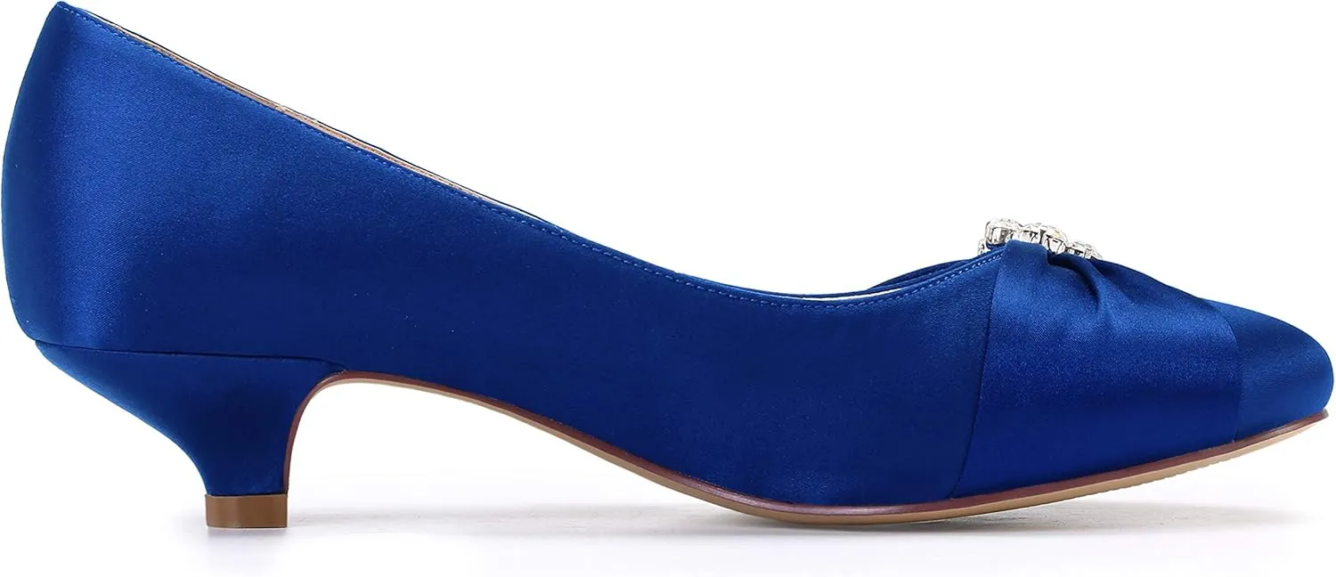 ERIJUNOR Women Closed Toe Comfort Kitten Heels Rhinestones Satin Wedding Evening Dress Shoes