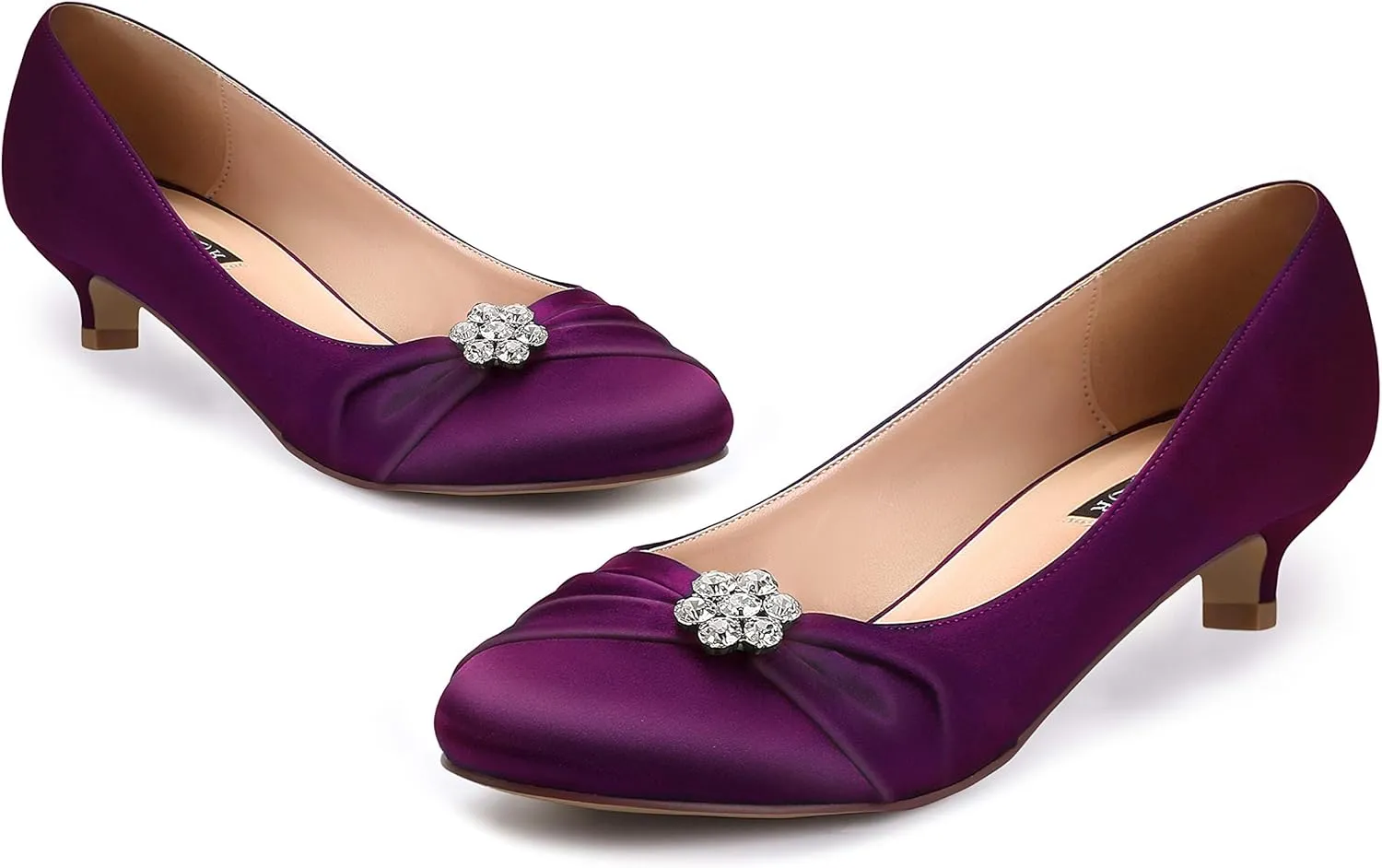 ERIJUNOR Women Closed Toe Comfort Kitten Heels Rhinestones Satin Wedding Evening Dress Shoes