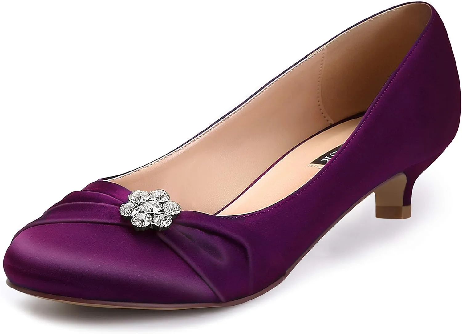ERIJUNOR Women Closed Toe Comfort Kitten Heels Rhinestones Satin Wedding Evening Dress Shoes