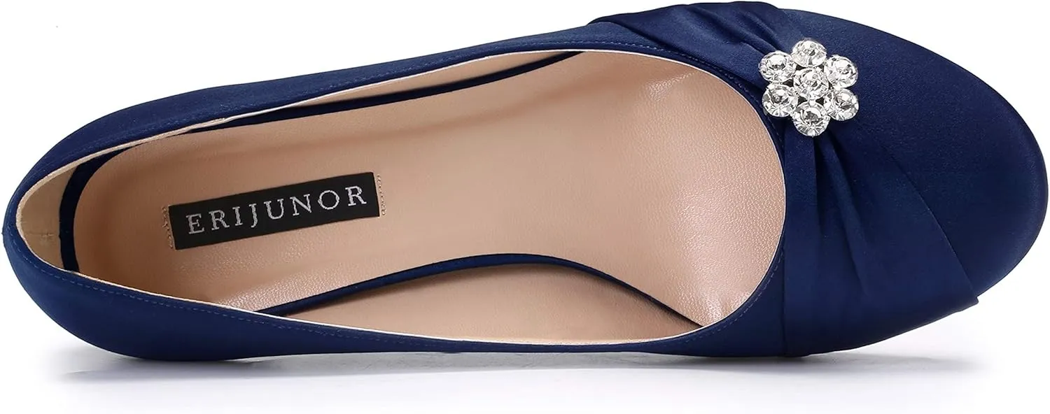 ERIJUNOR Women Closed Toe Comfort Kitten Heels Rhinestones Satin Wedding Evening Dress Shoes