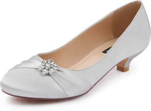 ERIJUNOR Women Closed Toe Comfort Kitten Heels Rhinestones Satin Wedding Evening Dress Shoes