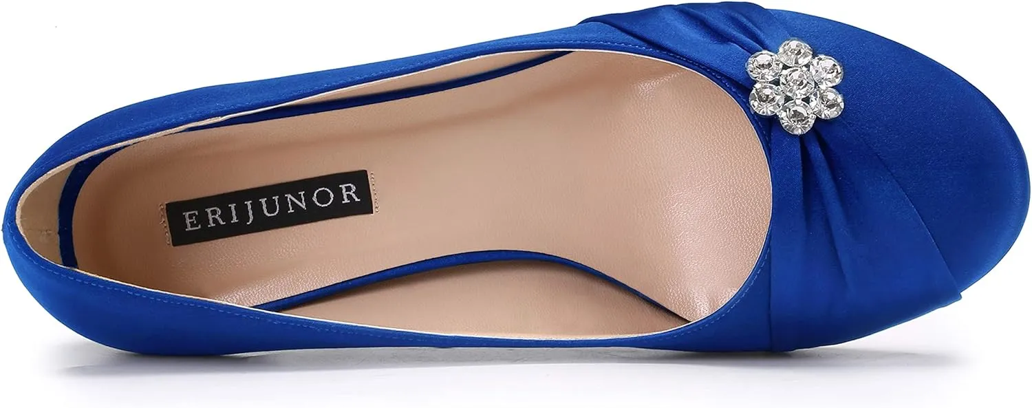 ERIJUNOR Women Closed Toe Comfort Kitten Heels Rhinestones Satin Wedding Evening Dress Shoes