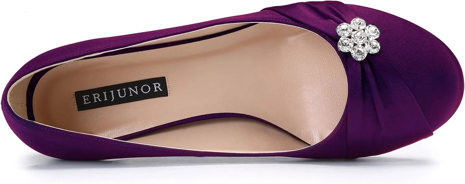 ERIJUNOR Women Closed Toe Comfort Kitten Heels Rhinestones Satin Wedding Evening Dress Shoes