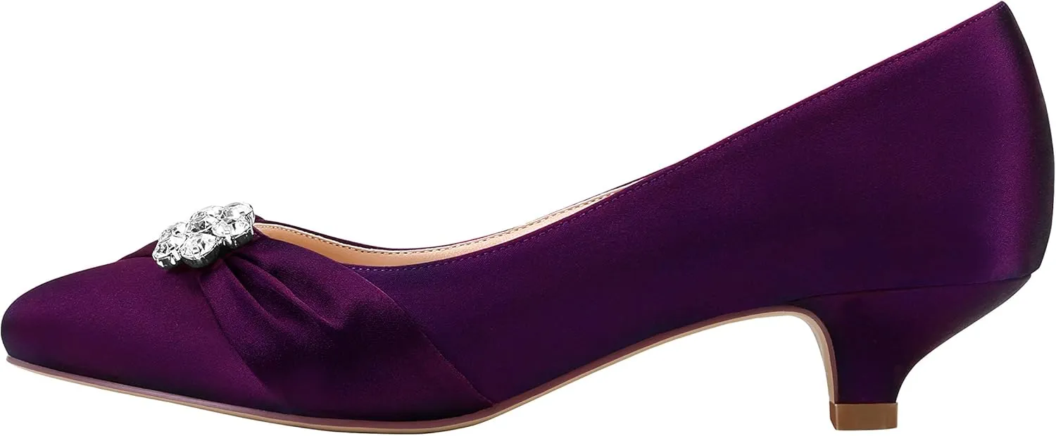 ERIJUNOR Women Closed Toe Comfort Kitten Heels Rhinestones Satin Wedding Evening Dress Shoes