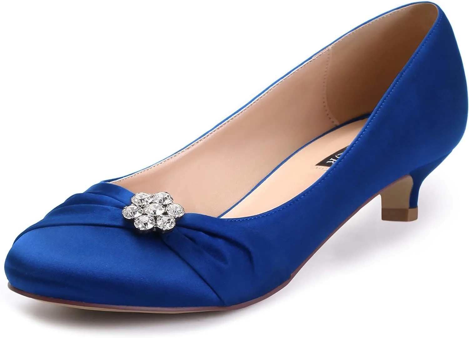 ERIJUNOR Women Closed Toe Comfort Kitten Heels Rhinestones Satin Wedding Evening Dress Shoes