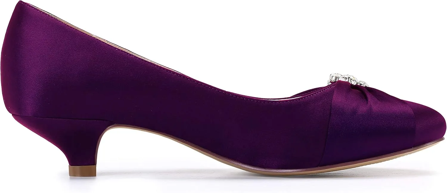 ERIJUNOR Women Closed Toe Comfort Kitten Heels Rhinestones Satin Wedding Evening Dress Shoes