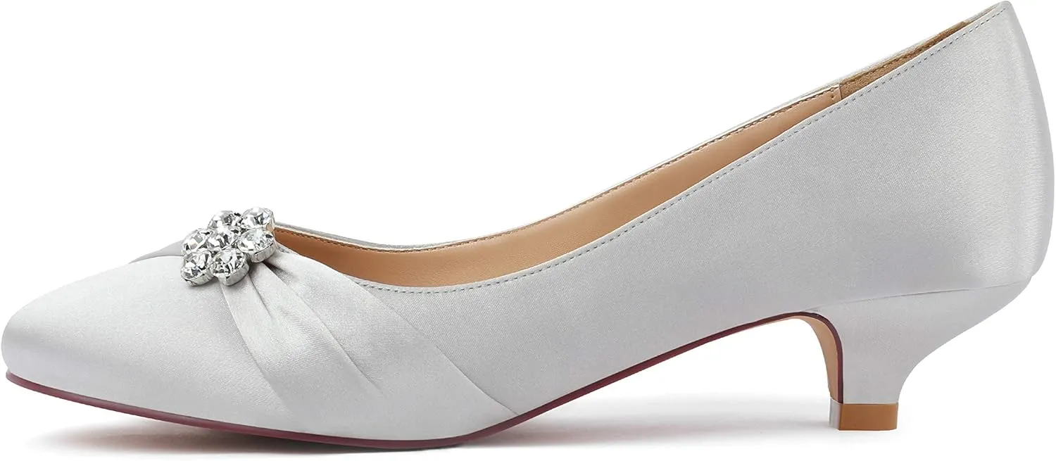 ERIJUNOR Women Closed Toe Comfort Kitten Heels Rhinestones Satin Wedding Evening Dress Shoes