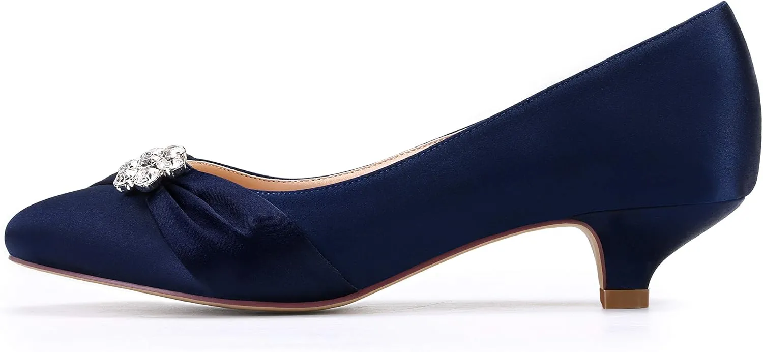 ERIJUNOR Women Closed Toe Comfort Kitten Heels Rhinestones Satin Wedding Evening Dress Shoes