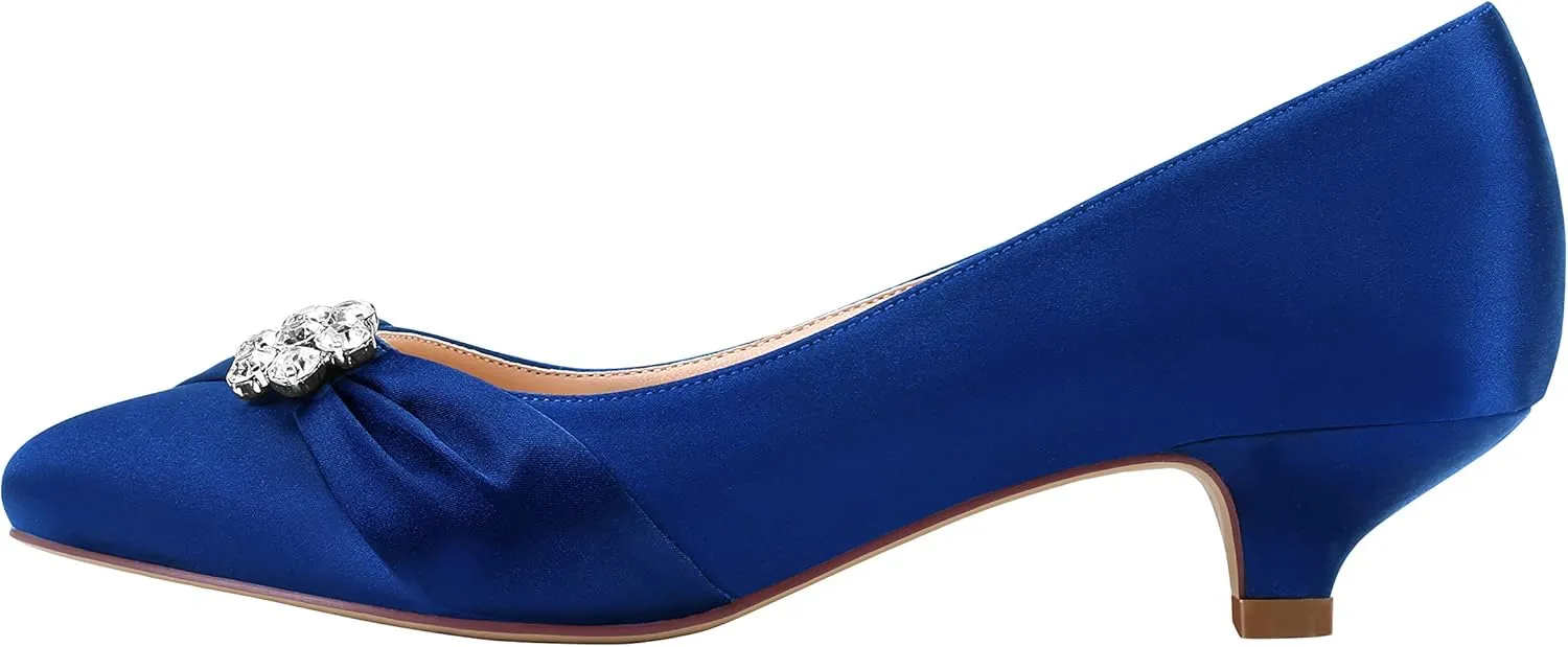 ERIJUNOR Women Closed Toe Comfort Kitten Heels Rhinestones Satin Wedding Evening Dress Shoes