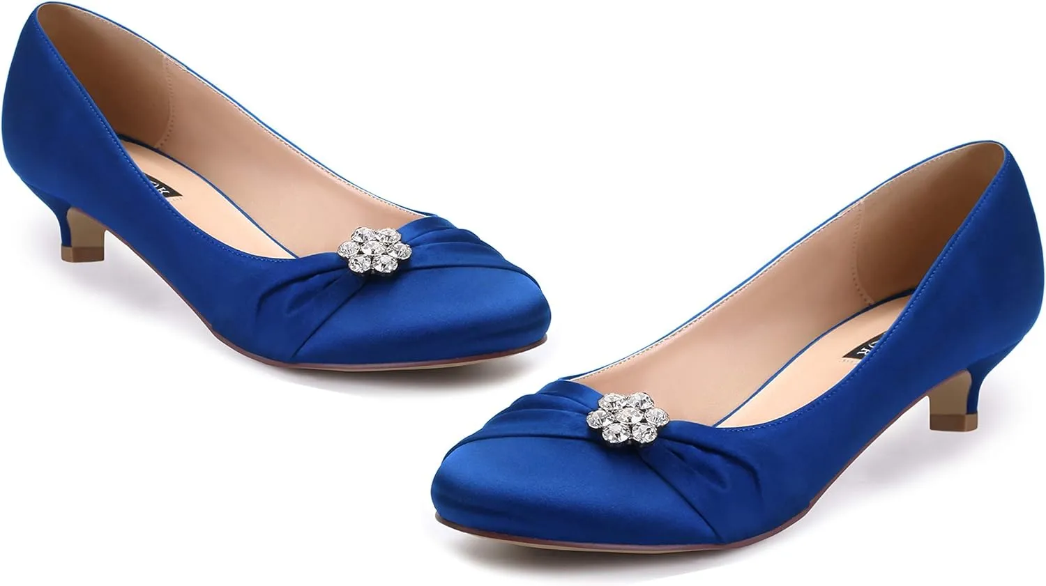 ERIJUNOR Women Closed Toe Comfort Kitten Heels Rhinestones Satin Wedding Evening Dress Shoes