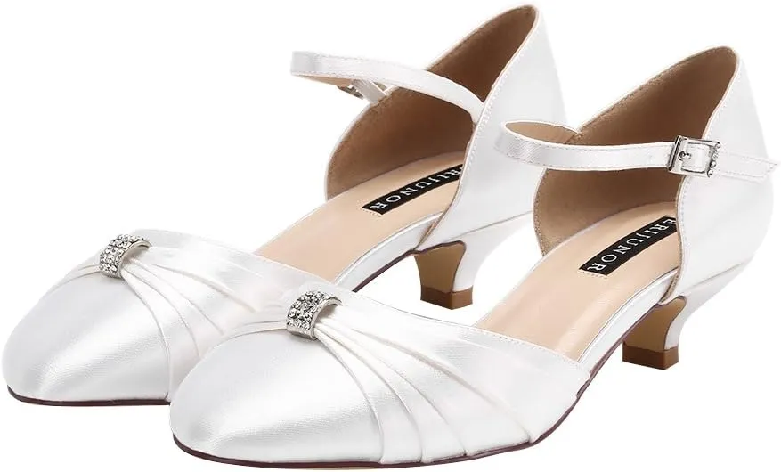 ERIJUNOR Women Comfort Low Kitten Heel Buckle Ankle Strap Satin Bridal Wedding Shoes