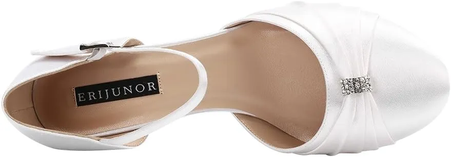 ERIJUNOR Women Comfort Low Kitten Heel Buckle Ankle Strap Satin Bridal Wedding Shoes