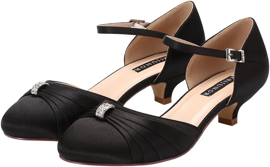 ERIJUNOR Women Comfort Low Kitten Heel Buckle Ankle Strap Satin Bridal Wedding Shoes