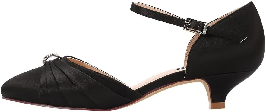 ERIJUNOR Women Comfort Low Kitten Heel Buckle Ankle Strap Satin Bridal Wedding Shoes