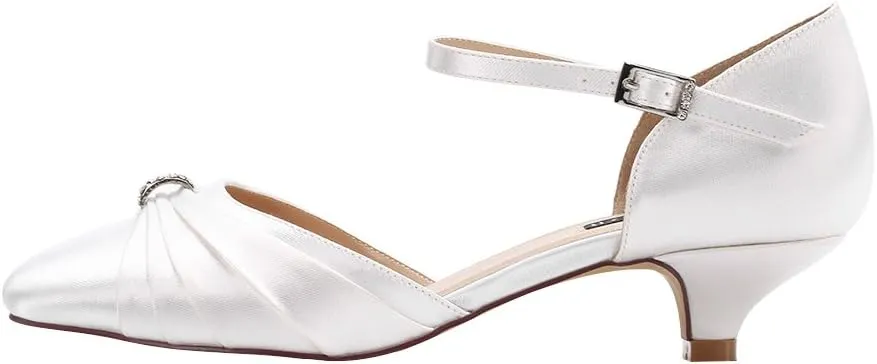 ERIJUNOR Women Comfort Low Kitten Heel Buckle Ankle Strap Satin Bridal Wedding Shoes