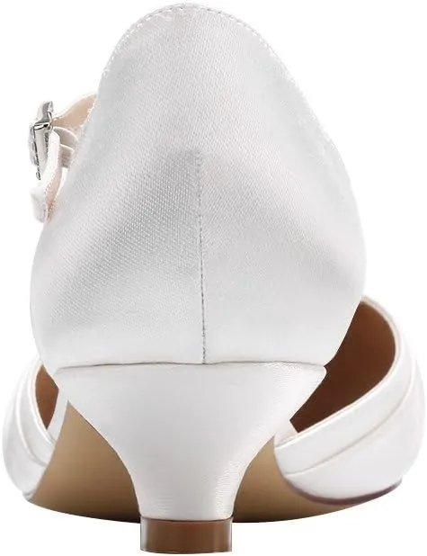 ERIJUNOR Women Comfort Low Kitten Heel Buckle Ankle Strap Satin Bridal Wedding Shoes