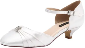 ERIJUNOR Women Comfort Low Kitten Heel Buckle Ankle Strap Satin Bridal Wedding Shoes