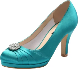 ERIJUNOR Women Comfort Mid Heel Pumps Closed-Toe Satin Wedding Evening Party Dress Shoes
