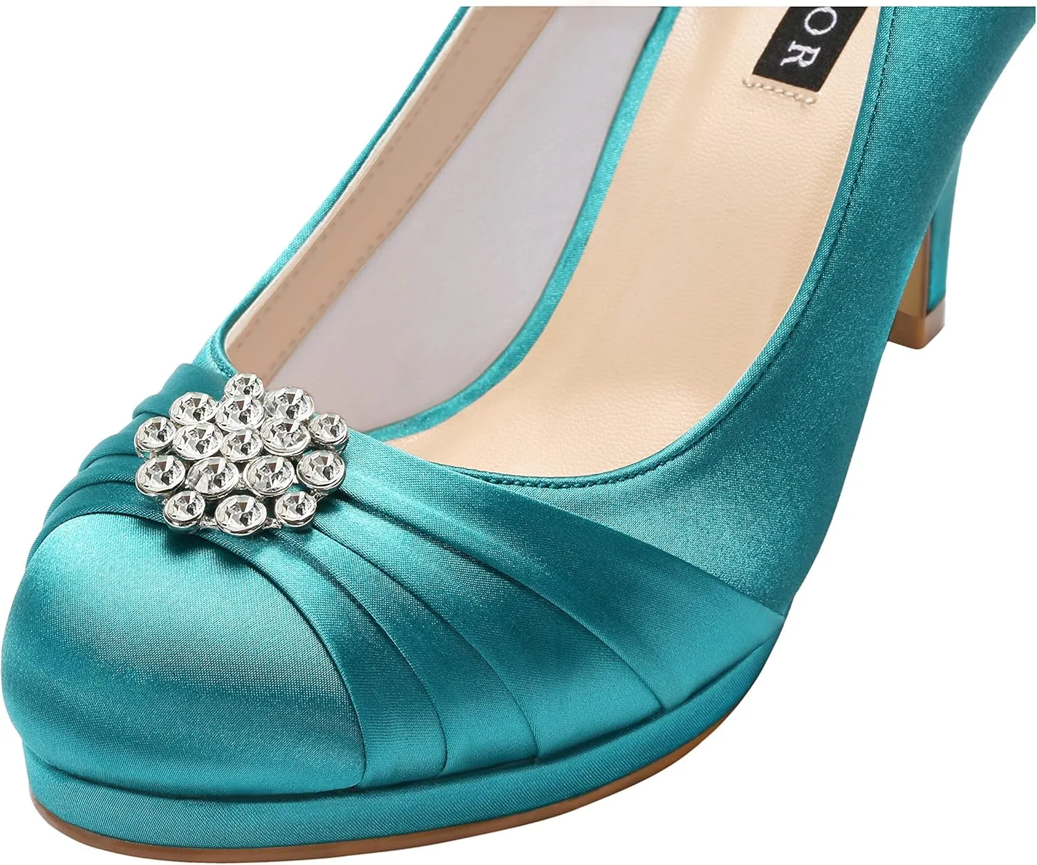 ERIJUNOR Women Comfort Mid Heel Pumps Closed-Toe Satin Wedding Evening Party Dress Shoes