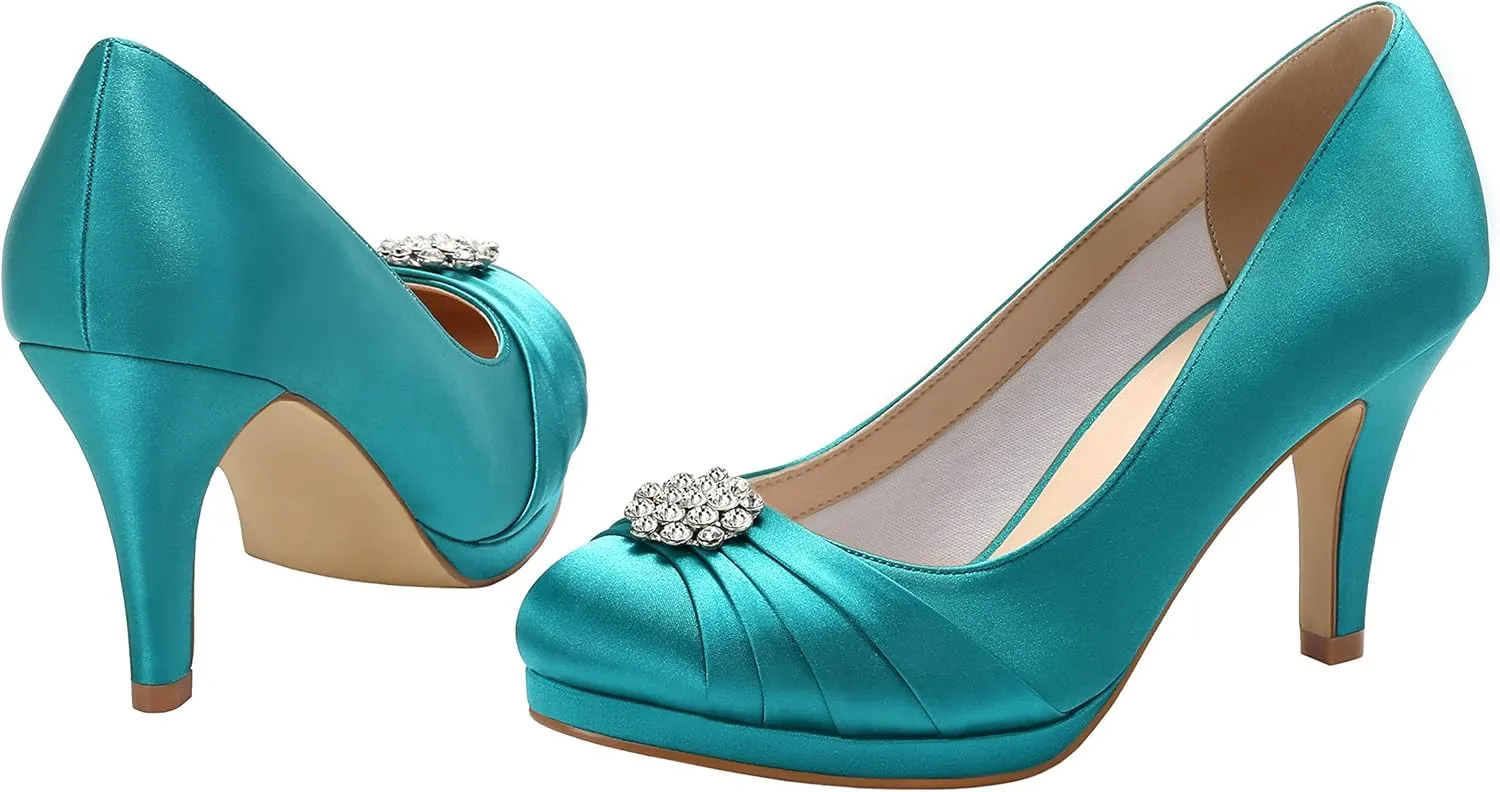 ERIJUNOR Women Comfort Mid Heel Pumps Closed-Toe Satin Wedding Evening Party Dress Shoes