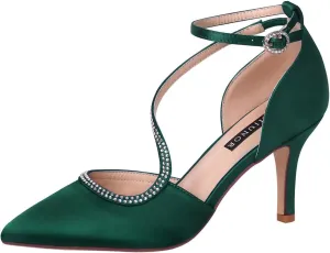 ERIJUNOR Women Comfortable Mid Heel Ankle Strappy Dress Pumps Pointed Toe Satin Wedding Evening Party Shoes