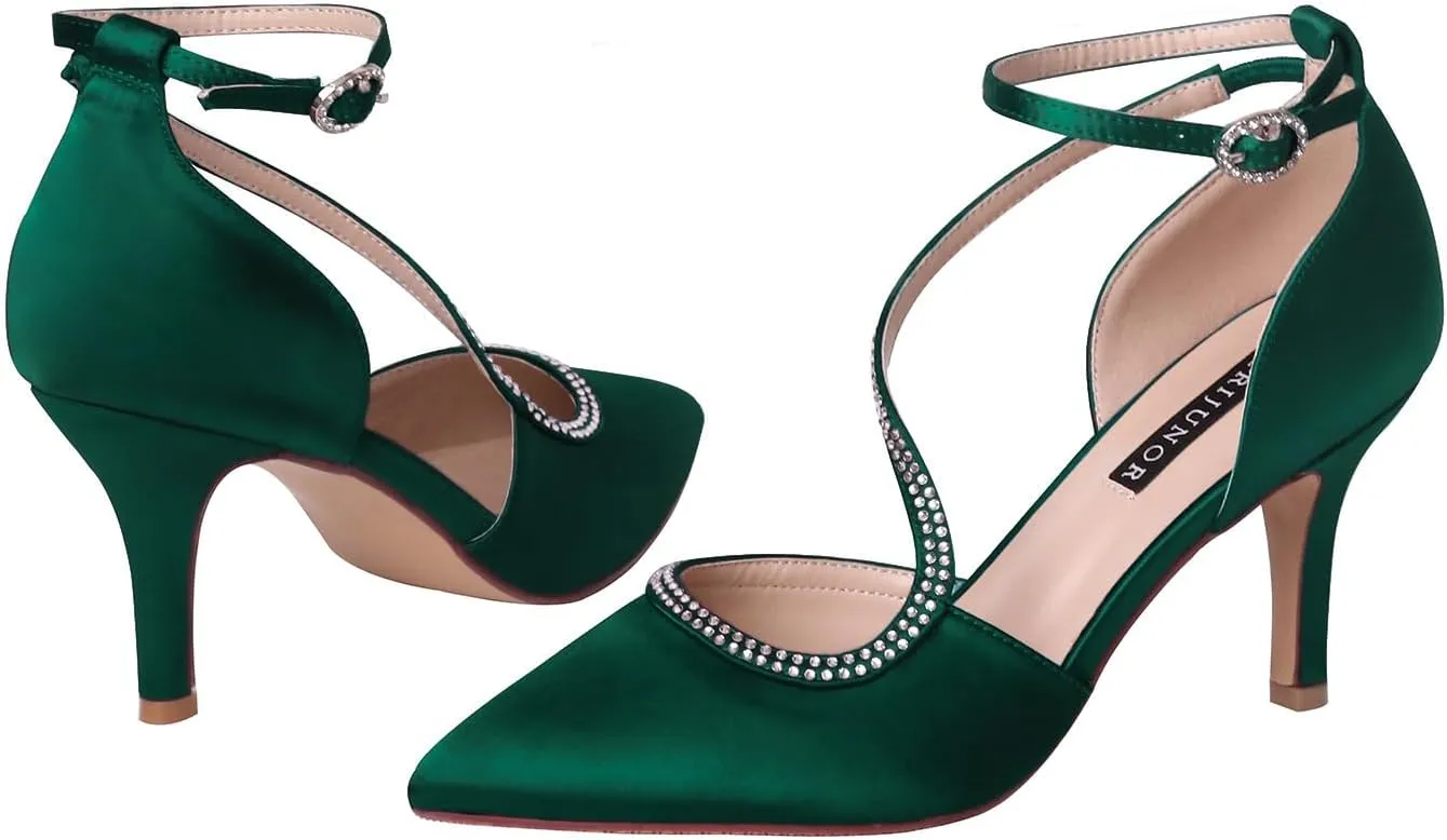 ERIJUNOR Women Comfortable Mid Heel Ankle Strappy Dress Pumps Pointed Toe Satin Wedding Evening Party Shoes