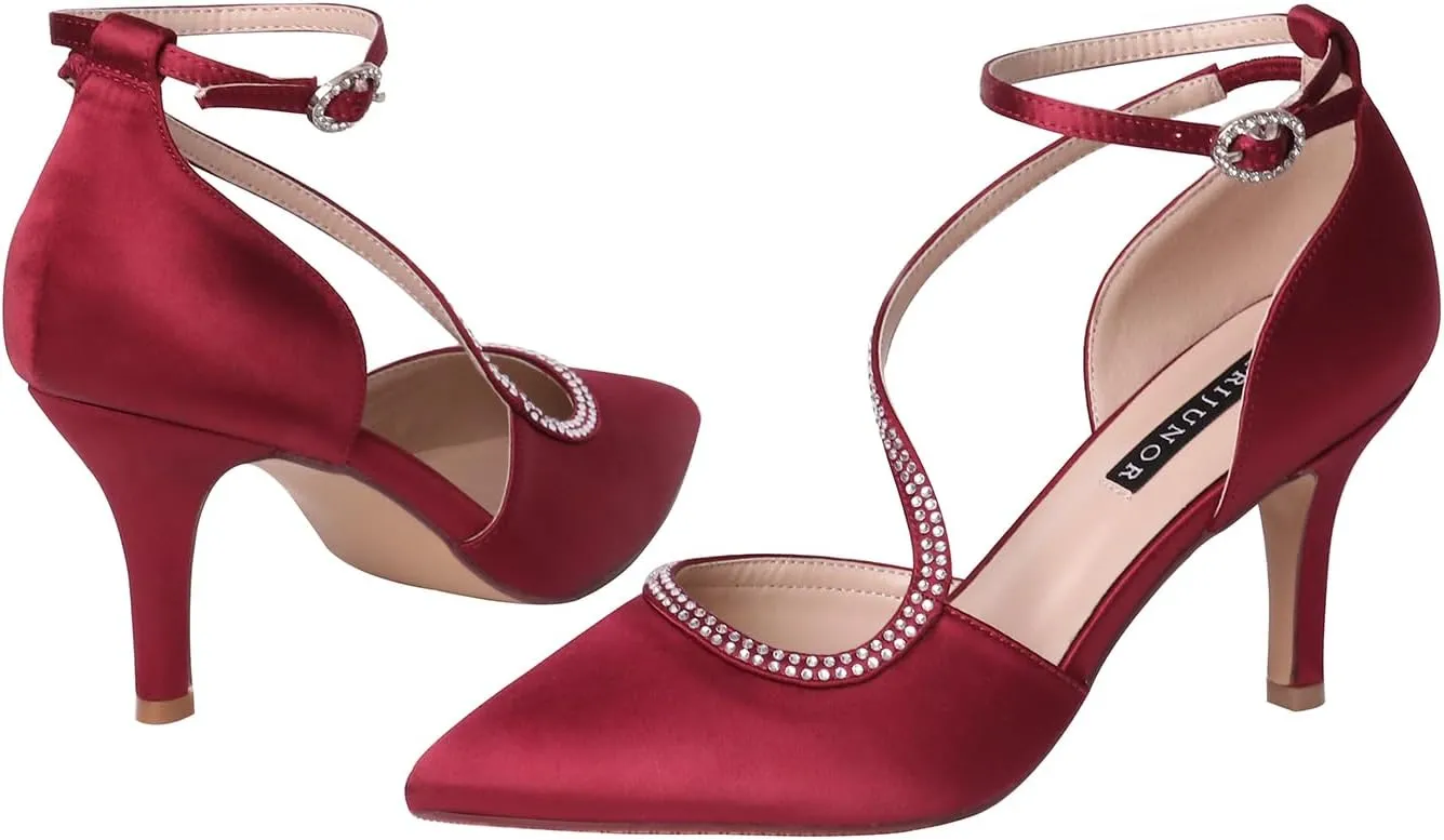 ERIJUNOR Women Comfortable Mid Heel Ankle Strappy Dress Pumps Pointed Toe Satin Wedding Evening Party Shoes