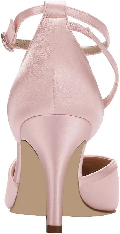 ERIJUNOR Women Comfortable Mid Heel Ankle Strappy Dress Pumps Pointed Toe Satin Wedding Evening Party Shoes