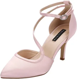 ERIJUNOR Women Comfortable Mid Heel Ankle Strappy Dress Pumps Pointed Toe Satin Wedding Evening Party Shoes