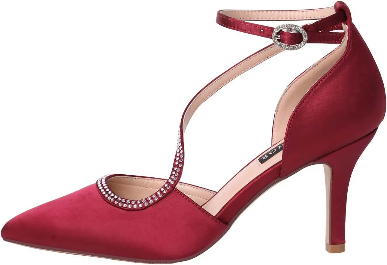ERIJUNOR Women Comfortable Mid Heel Ankle Strappy Dress Pumps Pointed Toe Satin Wedding Evening Party Shoes