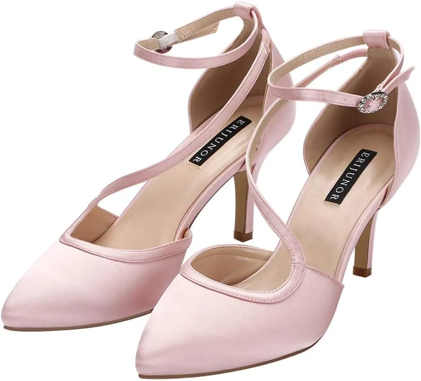 ERIJUNOR Women Comfortable Mid Heel Ankle Strappy Dress Pumps Pointed Toe Satin Wedding Evening Party Shoes