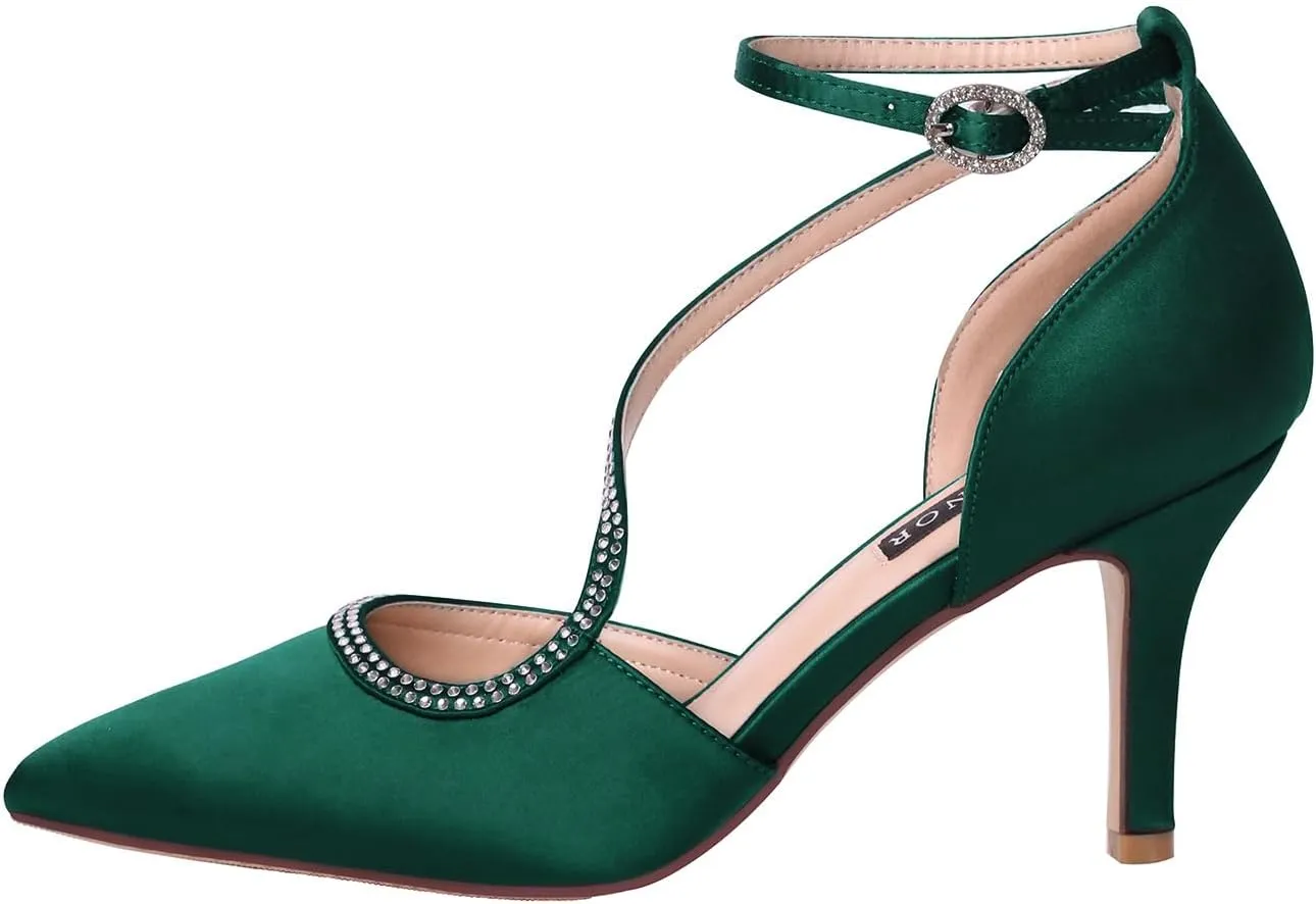 ERIJUNOR Women Comfortable Mid Heel Ankle Strappy Dress Pumps Pointed Toe Satin Wedding Evening Party Shoes