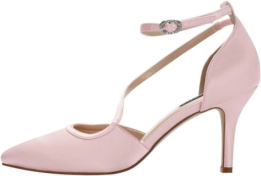 ERIJUNOR Women Comfortable Mid Heel Ankle Strappy Dress Pumps Pointed Toe Satin Wedding Evening Party Shoes