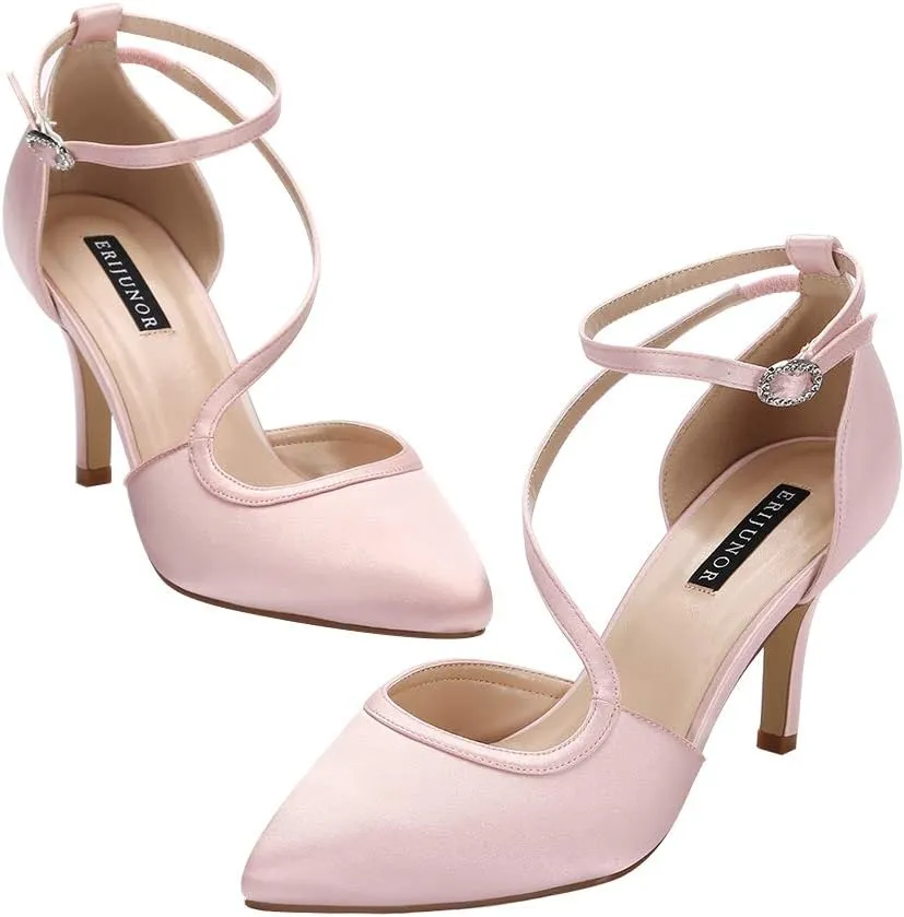 ERIJUNOR Women Comfortable Mid Heel Ankle Strappy Dress Pumps Pointed Toe Satin Wedding Evening Party Shoes