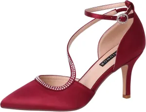 ERIJUNOR Women Comfortable Mid Heel Ankle Strappy Dress Pumps Pointed Toe Satin Wedding Evening Party Shoes
