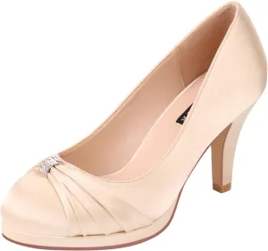 ERIJUNOR Women Comfortable Mid Heel Pumps Closed Toe Rhinestones Brooch Satin Evening Prom Wedding Shoes