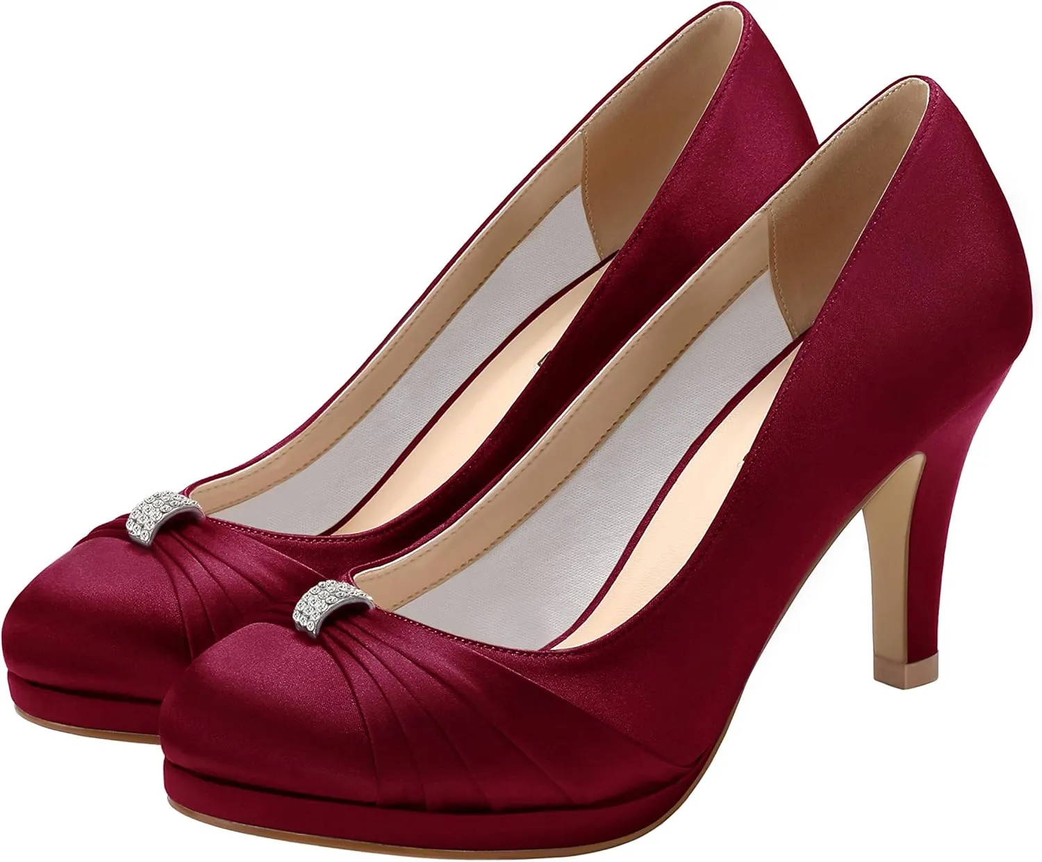 ERIJUNOR Women Comfortable Mid Heel Pumps Closed Toe Rhinestones Brooch Satin Evening Prom Wedding Shoes