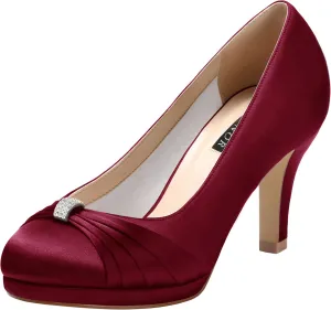 ERIJUNOR Women Comfortable Mid Heel Pumps Closed Toe Rhinestones Brooch Satin Evening Prom Wedding Shoes