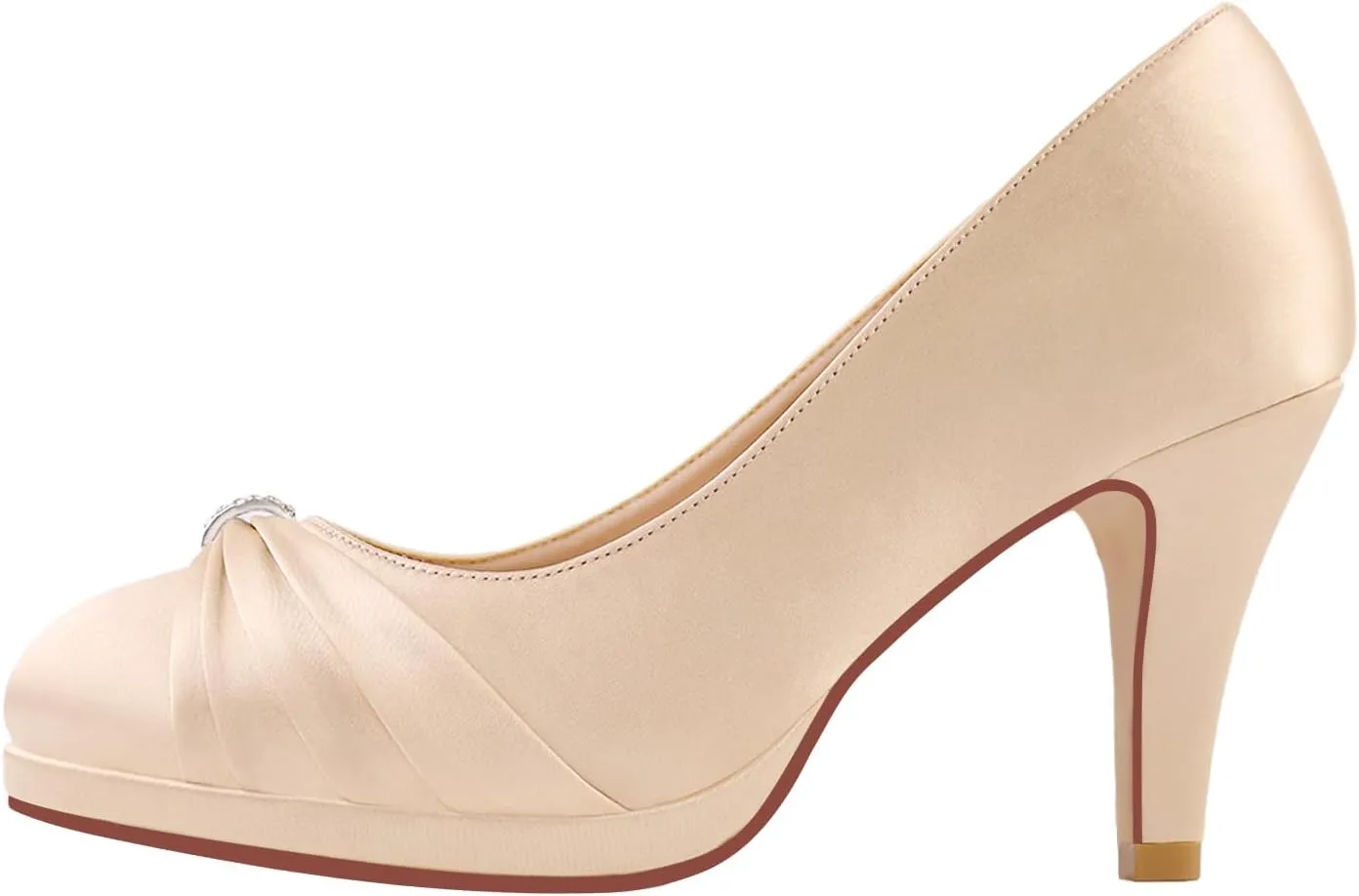 ERIJUNOR Women Comfortable Mid Heel Pumps Closed Toe Rhinestones Brooch Satin Evening Prom Wedding Shoes